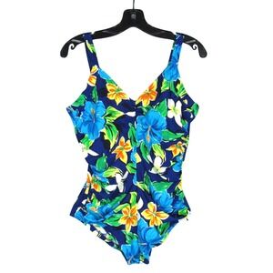 Vtg GABAR II SWIMWEAR Blue FLORAL Ruched BUILT-IN BRA 1pc SWIMSUIT Sz 40 (US L)
